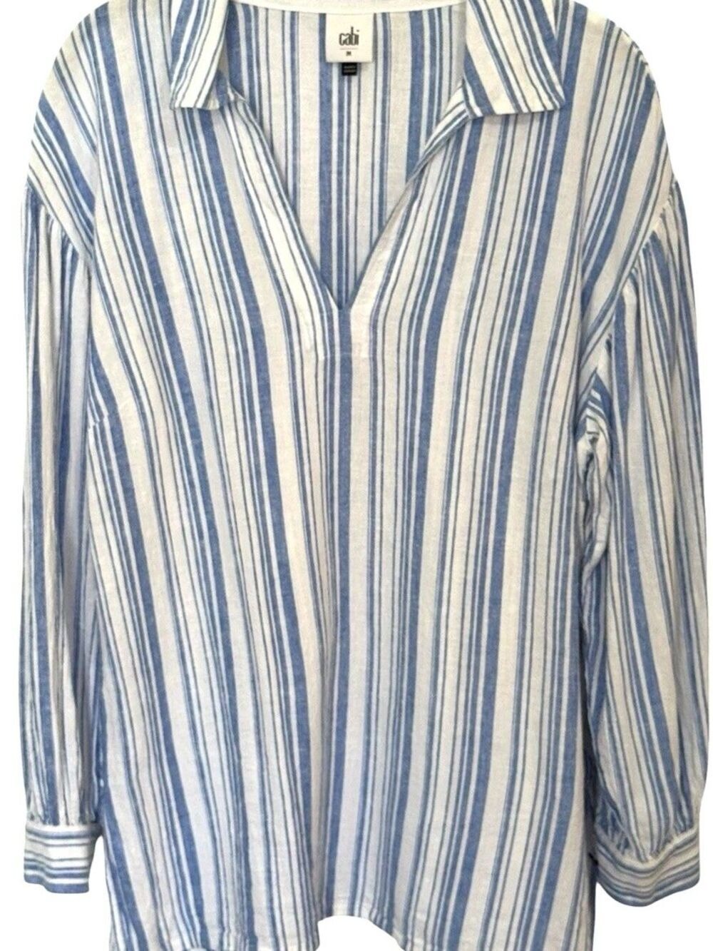 Cabi Linen Blend Shirt Women Size M Blue White Stripe V-Neck Long Sleeve Beach